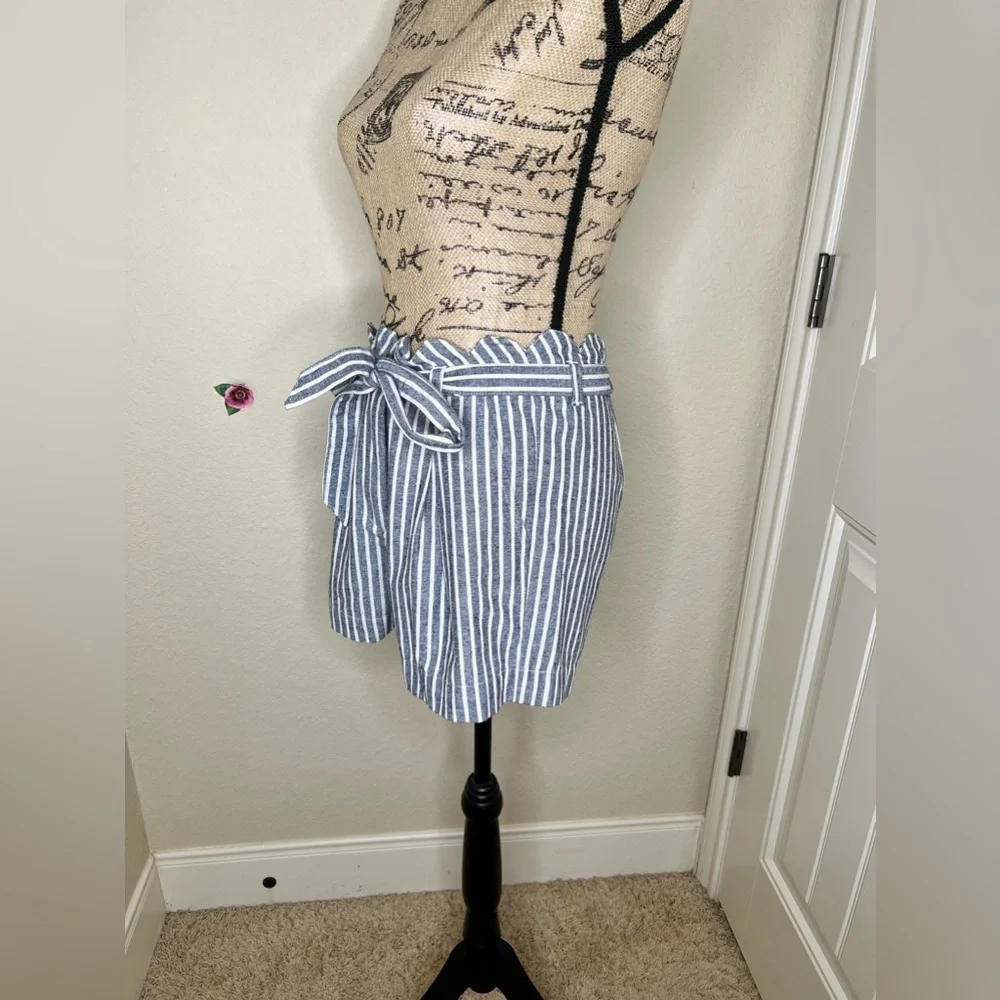 High-Waist Navy & White Striped Paperbag Shorts with Tie Waist